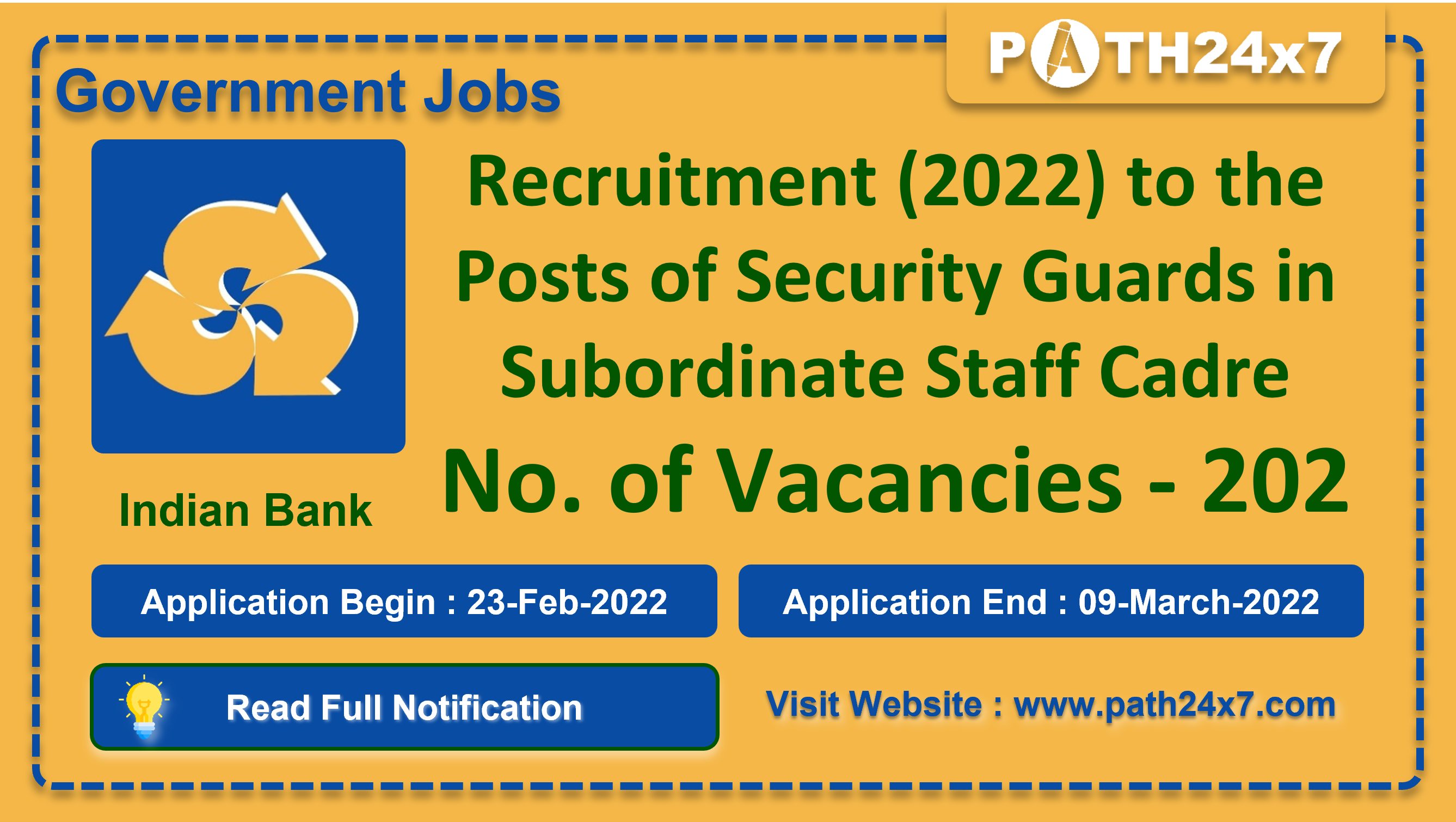 Recruitment (2022) to the Posts of Security Guards in Subordinate Staff Cadre, No. of Vacancies - 202, Important Dates, Application Fees, Age Limit, Educational Criteria, Physical Criteria, Vacancy Details, How to Apply By Online | Indian Bank